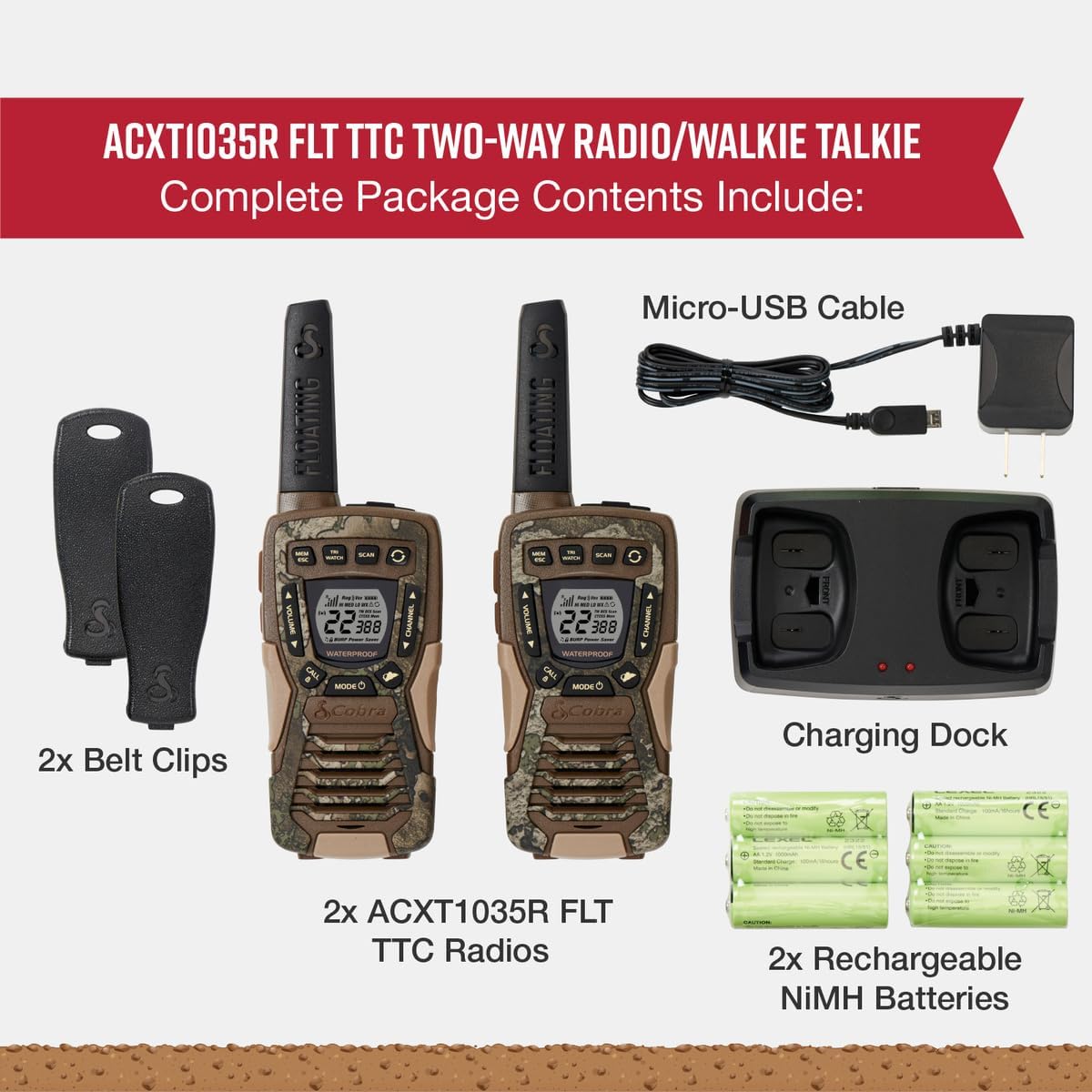 Cobra ACXT1035R FLT Waterproof Walkie Talkies - Rechargeable, Floats, 22 Channels, Long Range 37-Mile Two-Way Radio Set (2-Pack) 6 Cobra ACXT1035R FLT Waterproof Walkie Talkies - Rechargeable, Floats, 22 Channels, Long Range 37-Mile Two-Way Radio Set (2-Pack) - Image 6