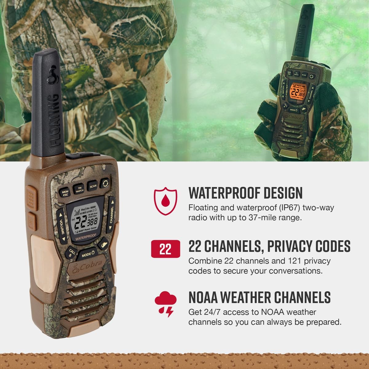 Cobra ACXT1035R FLT Waterproof Walkie Talkies - Rechargeable, Floats, 22 Channels, Long Range 37-Mile Two-Way Radio Set (2-Pack) 3 Cobra ACXT1035R FLT Waterproof Walkie Talkies - Rechargeable, Floats, 22 Channels, Long Range 37-Mile Two-Way Radio Set (2-Pack) - Image 3