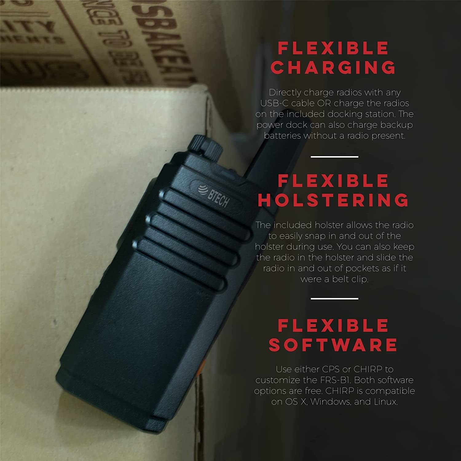 BTECH FRS-B1 8 Pack FRS Business, Adult Walkie Talkies, NOAA, High Output Two-Way Radio. Full Kit with Earpiece Kit, Holsters, Desktop Charger, Built in Flashlight, NOAA, and More 5 BTECH FRS-B1 8 Pack FRS Business, Adult Walkie Talkies, NOAA, High Output Two-Way Radio. Full Kit with Earpiece Kit, Holsters, Desktop Charger, Built in Flashlight, NOAA, and More - Image 5