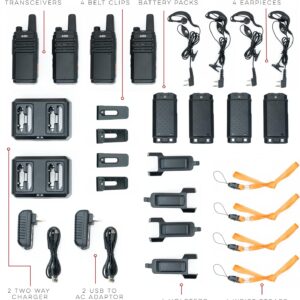 BTECH FRS-B1 4 Pack FRS Business, Adult Walkie Talkies, NOAA, High Output Two-Way Radio. Full Kit with Earpiece Kit, Holsters, Desktop Charger, Built in Flashlight, NOAA, and More