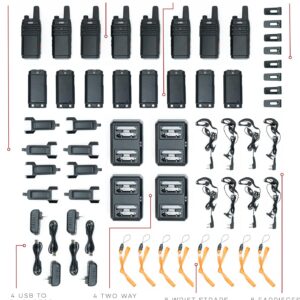 BTECH FRS-B1 8 Pack FRS Business, Adult Walkie Talkies, NOAA, High Output Two-Way Radio. Full Kit with Earpiece Kit, Holsters, Desktop Charger, Built in Flashlight, NOAA, and More