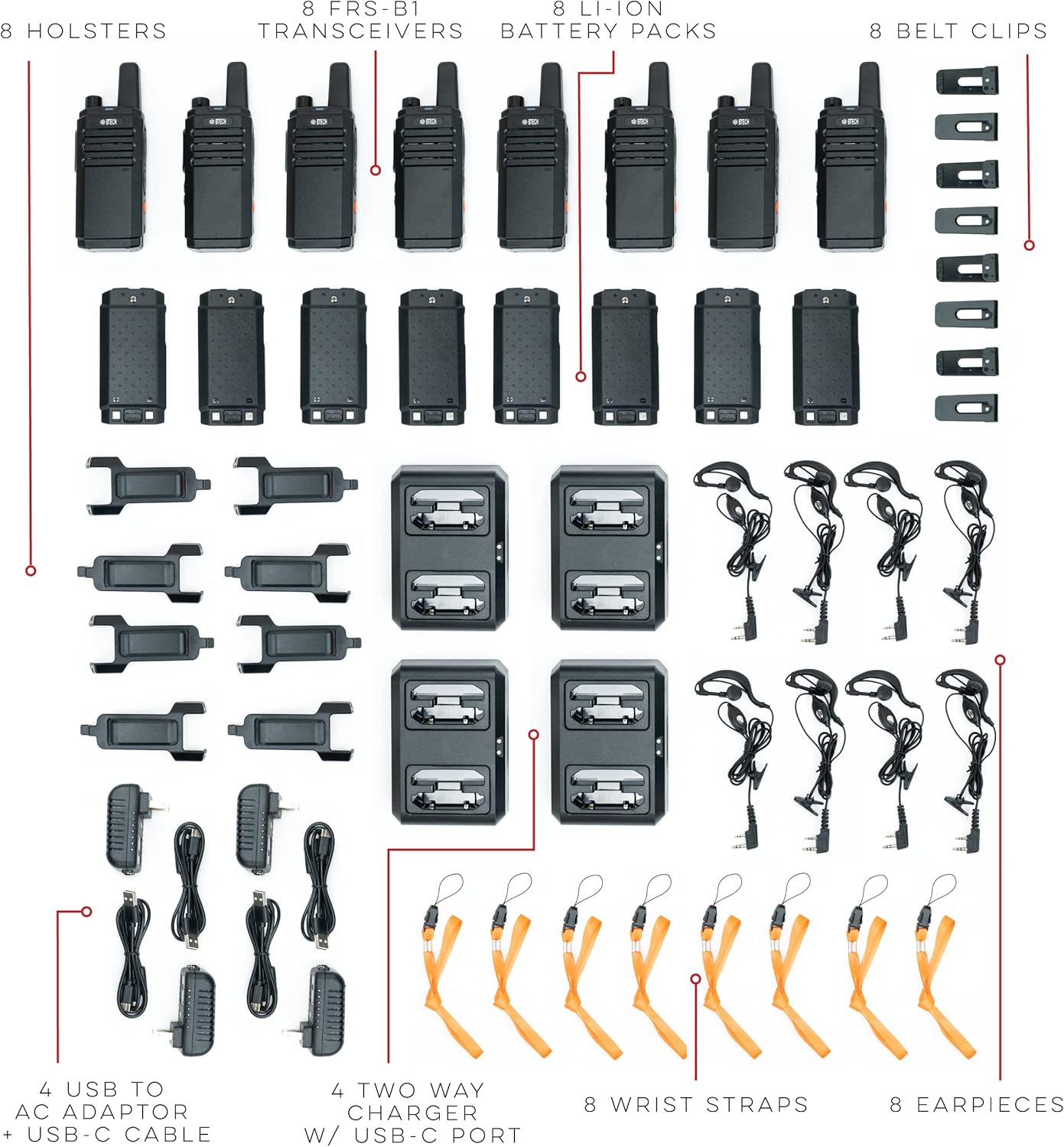 BTECH FRS-B1 8 Pack FRS Business, Adult Walkie Talkies, NOAA, High Output Two-Way Radio. Full Kit with Earpiece Kit, Holsters, Desktop Charger, Built in Flashlight, NOAA, and More 2 BTECH FRS-B1 8 Pack FRS Business, Adult Walkie Talkies, NOAA, High Output Two-Way Radio. Full Kit with Earpiece Kit, Holsters, Desktop Charger, Built in Flashlight, NOAA, and More - Image 2