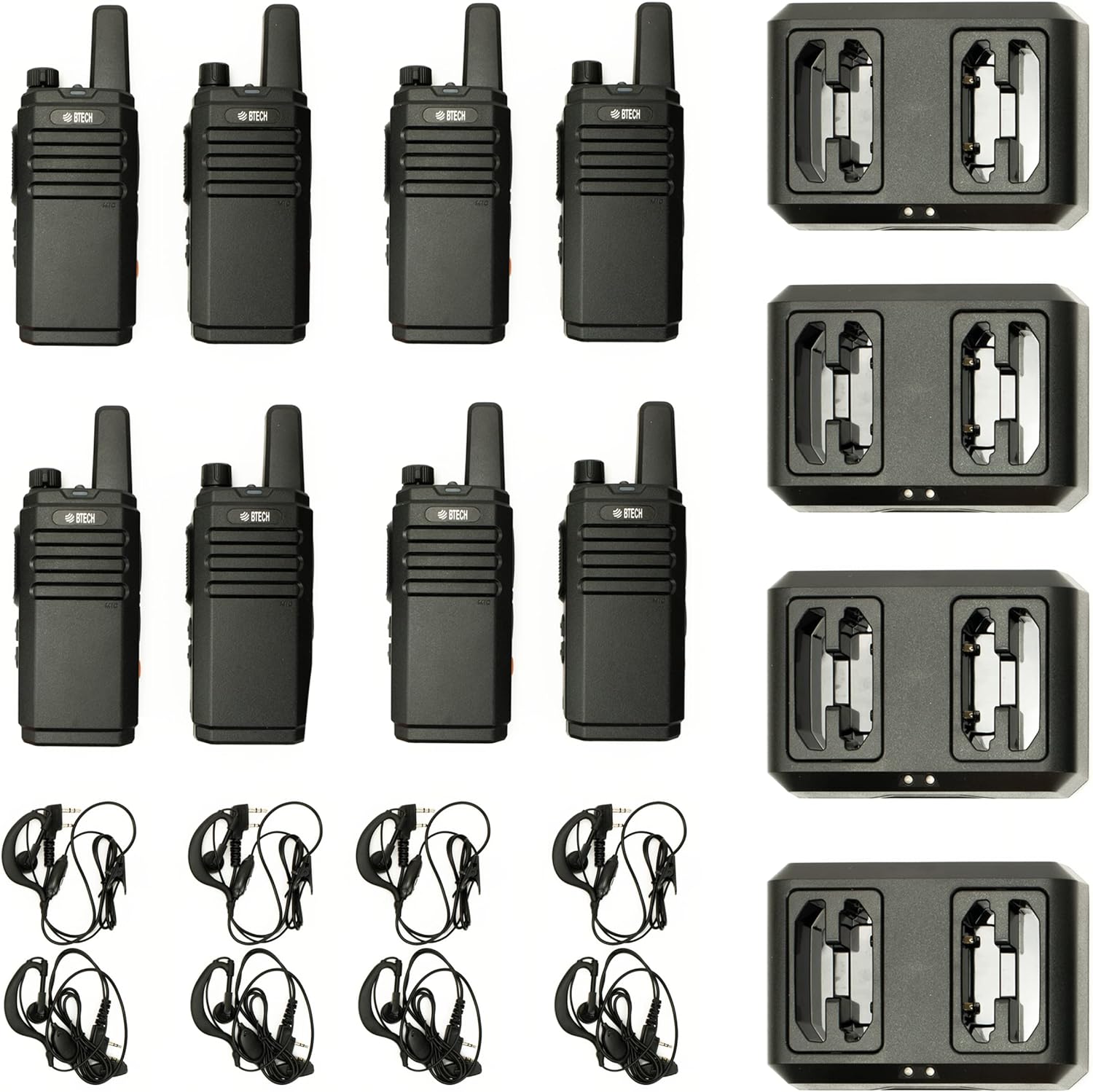 BTECH FRS-B1 8 Pack FRS Business, Adult Walkie Talkies, NOAA, High Output Two-Way Radio. Full Kit with Earpiece Kit, Holsters, Desktop Charger, Built in Flashlight, NOAA, and More 1 FRS-B1 FRS Two Way Radios